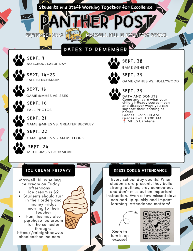 A colorful page displays the Panther Post from September 2026. It features a list of dates and events, an ice cream sale, dress code, and a QR code.