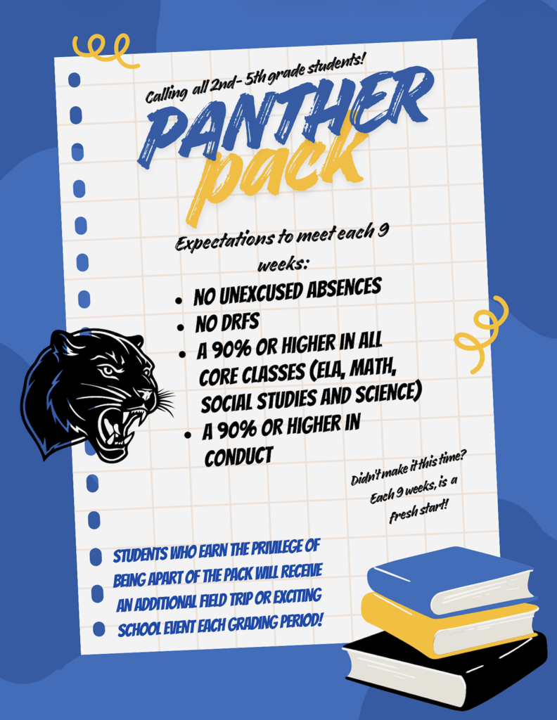 A flyer with a blue background promotes the "Panther Pack." It lists criteria for students, such as no unexcused absences, 90% or higher in core classes, and a 90% or higher conduct.