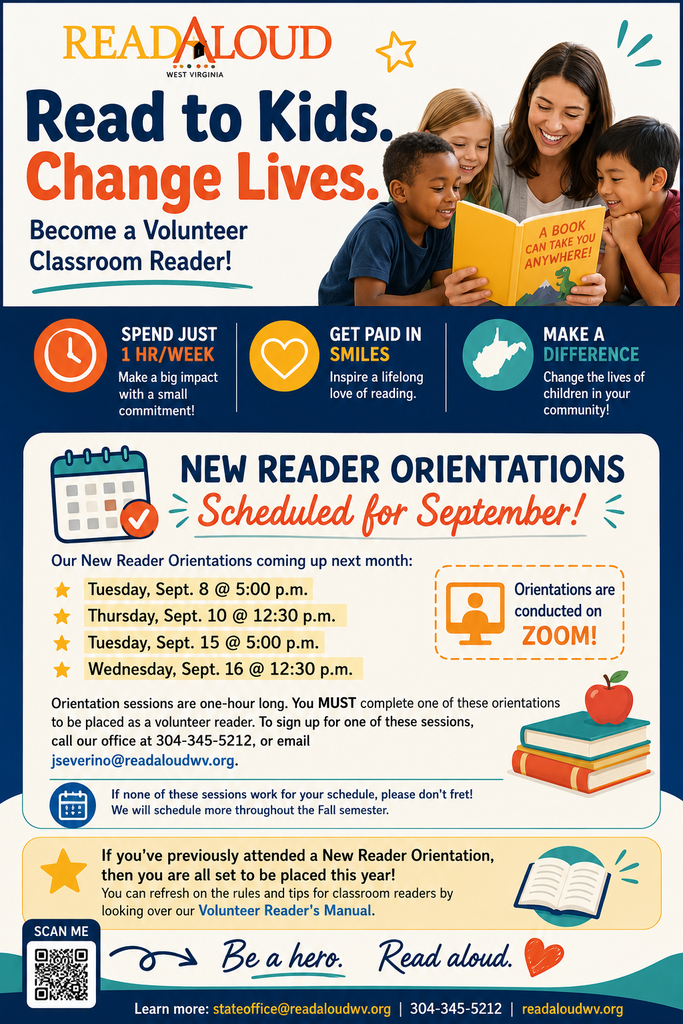 An advertisement for Read Aloud. Shows a woman reading to kids. Orientations are scheduled for September. Contact information is provided. 304-345-5212 or jseverino@readaloudwv.org