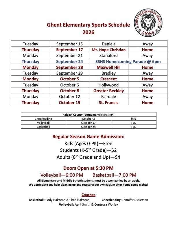 A sports schedule for Ghent Elementary for 2026. The schedule lists dates and opponents for basketball, volleyball, and cheerleading. Admission prices for games are listed.