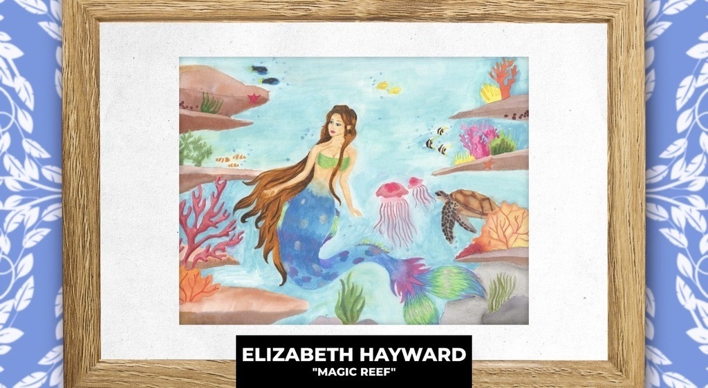 Framed art of a mermaid swimming underwater, surrounded by coral reefs and sea creatures. Blue and white background.
