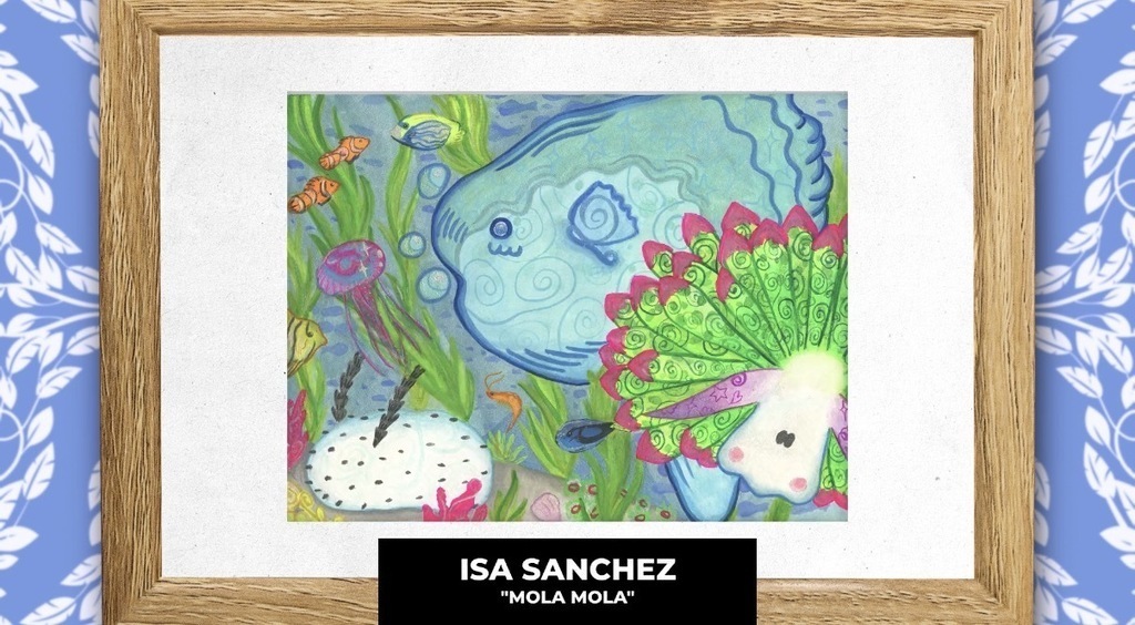 An art piece framed in brown wood, featuring a fish, flowers, and sea plants. The artist's name, ISA SANCHEZ, is at the bottom.