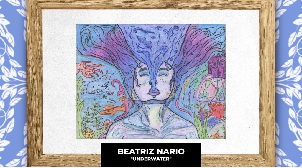 Abstract painting of a face with long hair surrounded by underwater creatures, in a wooden frame. "Underwater" by Beatriz Nario.