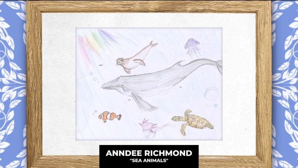 Drawing of sea animals in a frame. Background of blue and white wallpaper. Artist name at bottom.