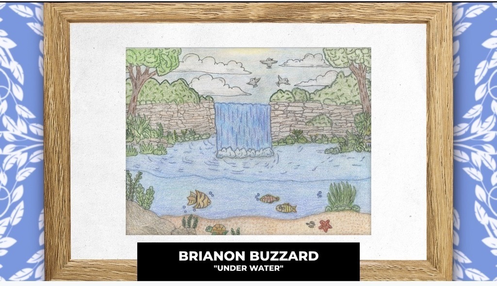 Illustration of a waterfall with fish and plants. Wooden frame with "Brianon Buzzard Under Water" text on a blue background.