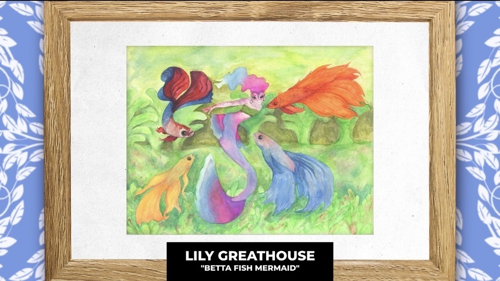 A framed artwork displays a colorful underwater scene with fish in various vibrant colors. The background features green water and foliage.