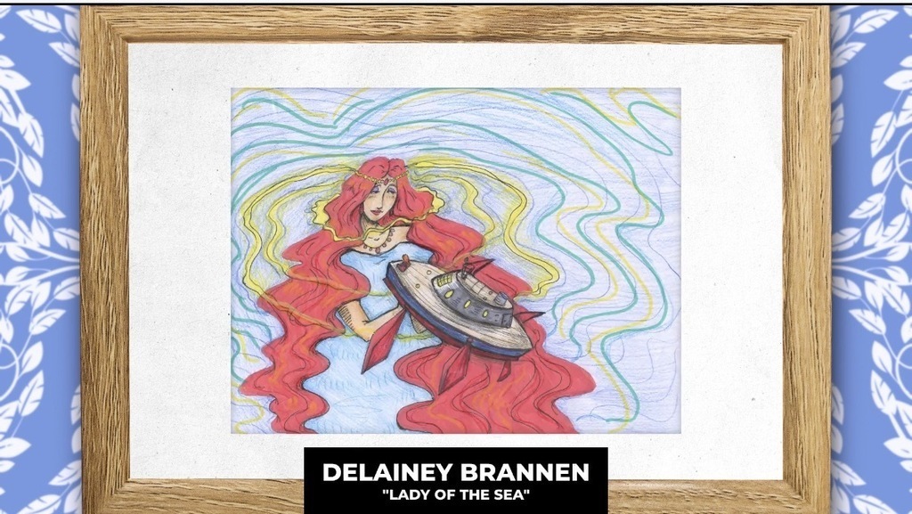 Drawing of a woman in red, holding a shield, titled "LADY OF THE SEA" by Delaney Brannen. Frame has a light blue and white floral pattern.