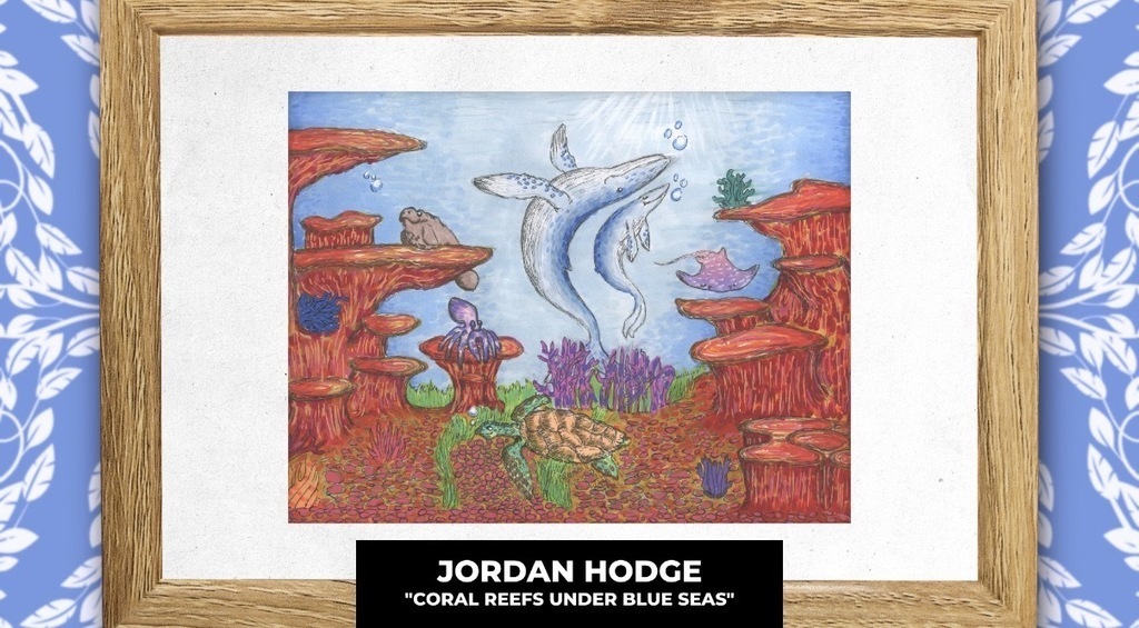 An artwork by Jordan Hodge titled "Coral Reefs Under Blue Sea" displays underwater life with fish, coral, and sea turtles against a background of blue and white patterns.