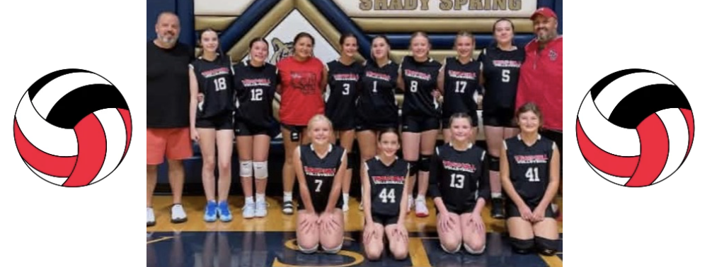Picture of the volley ball team with two red, black, and white volleyballs. Back row left to right, Coach Brown, Jura Paitsel, Aubree Williams, Penelope Parris, Ella Bays, Kolbie Cook, Savannah Daniels