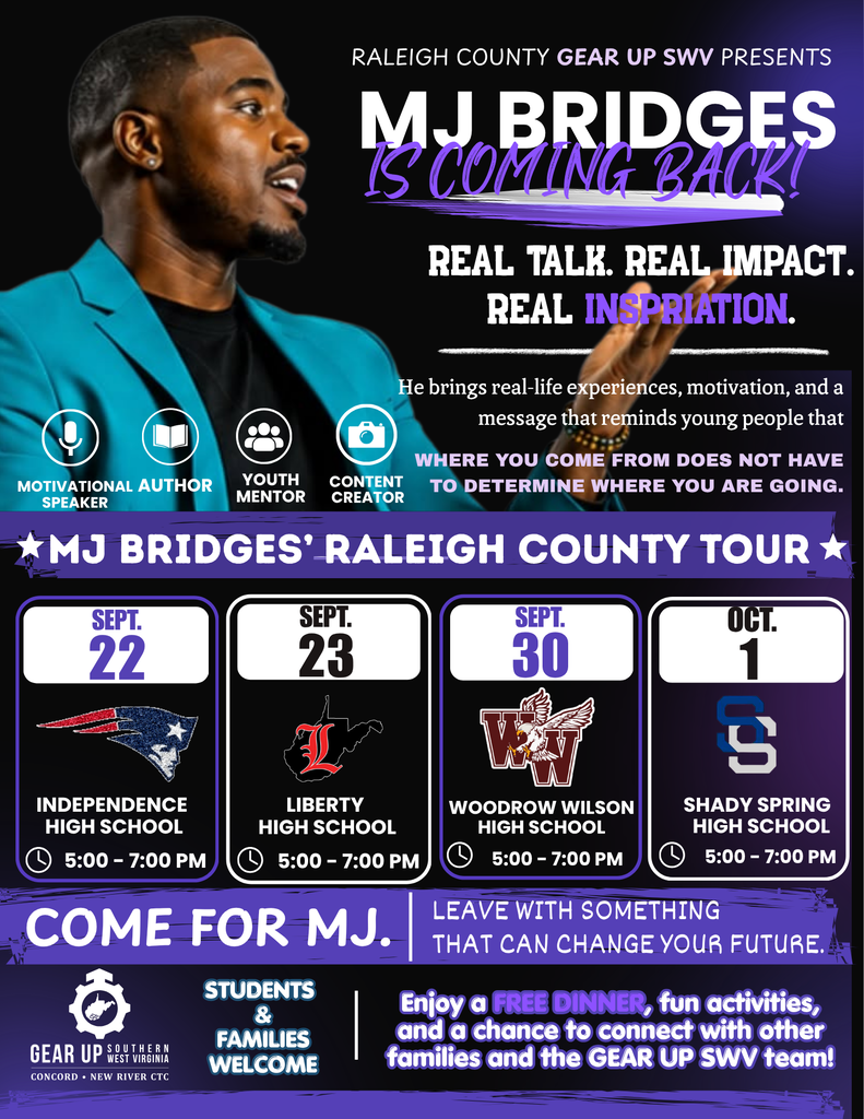 Flyer for MJ Bridges' Raleigh County Tour. Dates listed. Photo of a man in blue with text overlay.