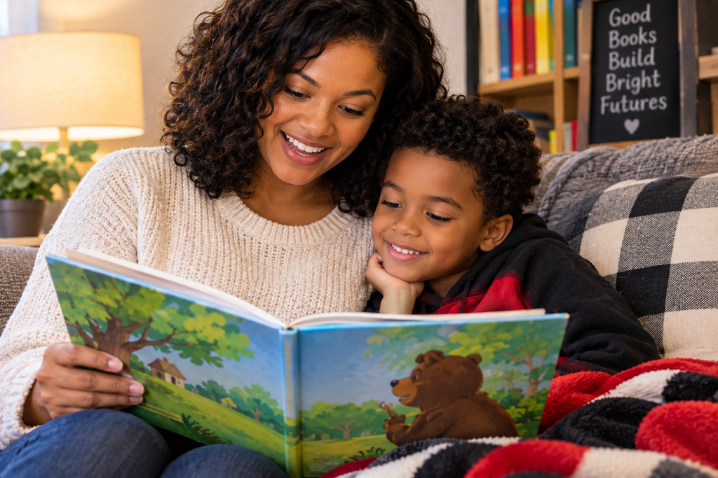 A woman reads a book to a child on a couch. They sit under a lamp and beside a bookshelf.