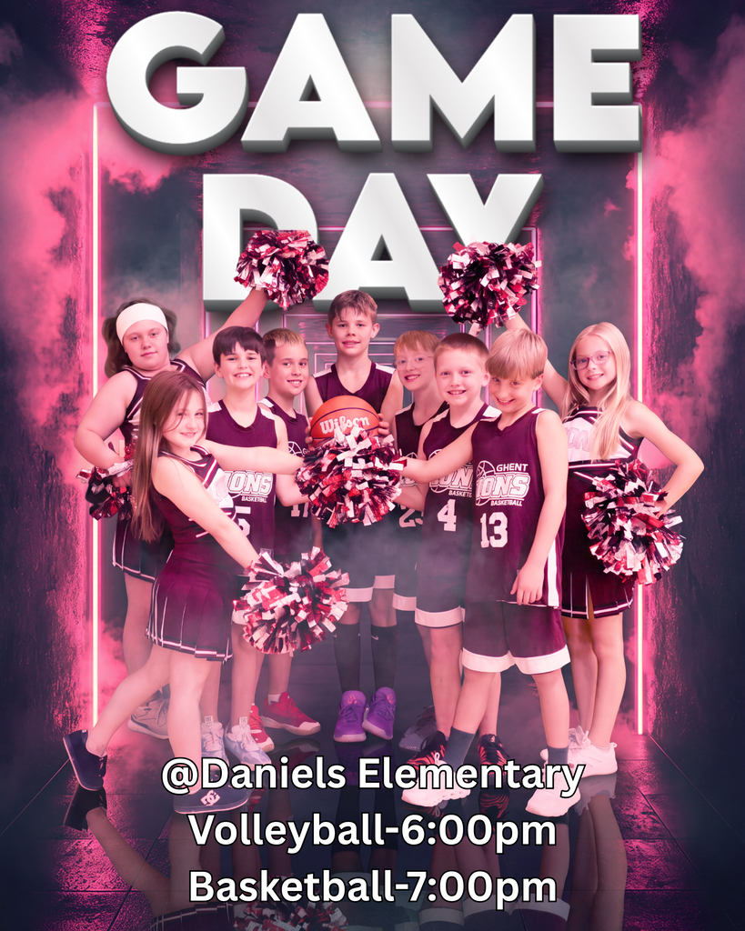 5th grade basketball players and cheerleaders in maroon uniforms, holding pom-poms and a basketball, stands against a pink background.