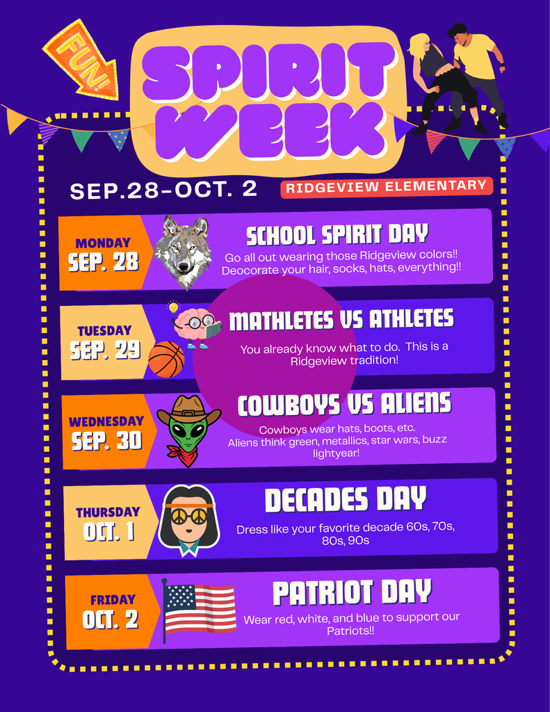 Spirit Week details for the week of 9/28/26.  