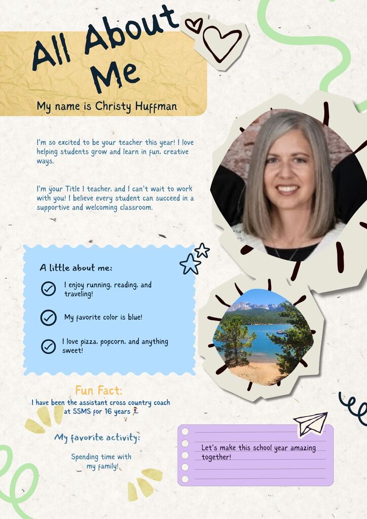 A presentation slide with a photo of a woman. Text says, "My name is Christy Huffman." Below is a picture of a lake, and text reads, "I enjoy running, reading, and traveling."