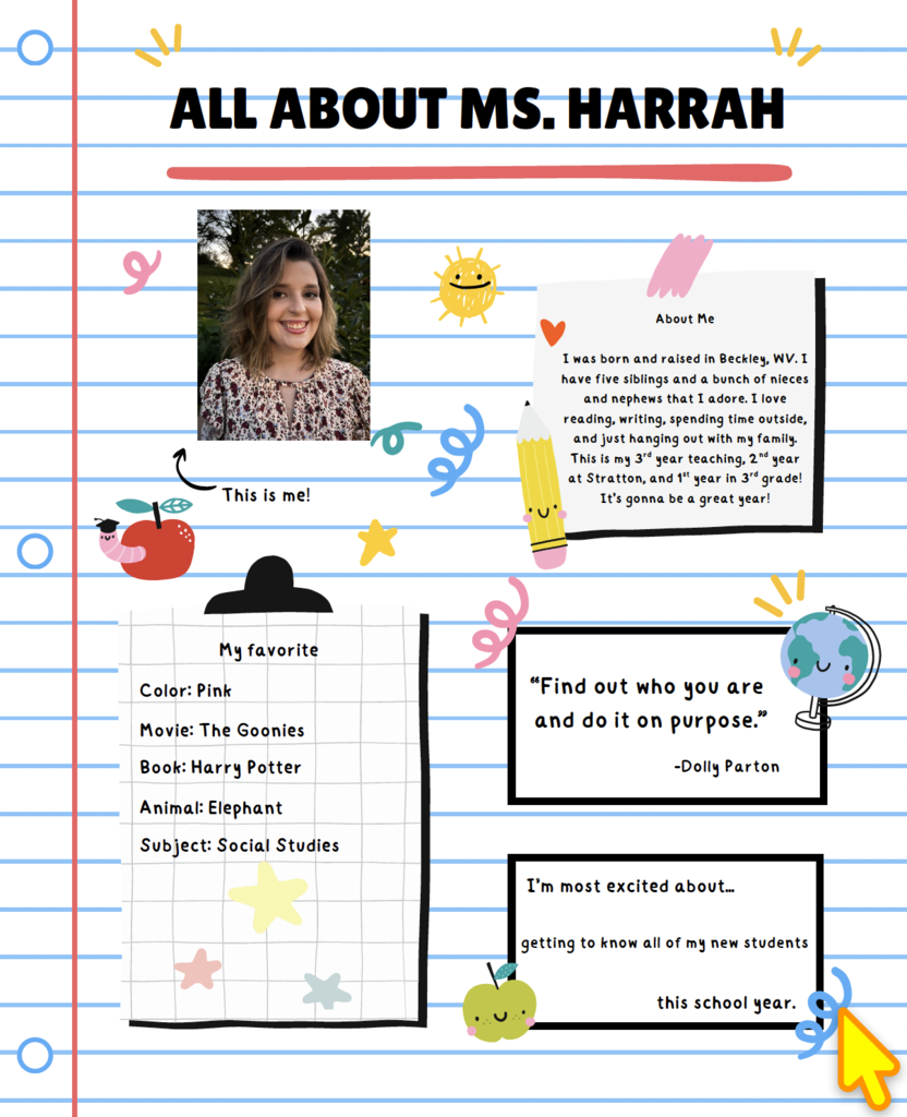 A page displays "ALL ABOUT MS. HARRAH" with a photo, text, and icons. The photo shows a smiling woman. Text includes favorite color, book, animal, and subject.