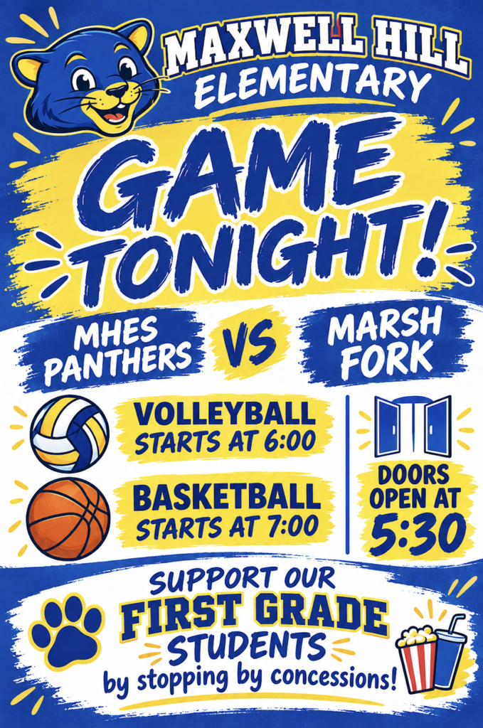A poster for Maxwell Hill Elementary's Game Night featuring the Panthers vs. Marsh Fork. It shows sports like volleyball and basketball.