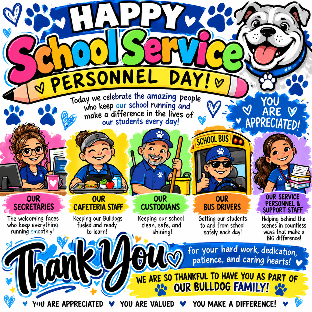 A poster celebrating School Service Personnel Day features multiple figures in school uniforms, including secretaries, cafeteria staff, and bus drivers.