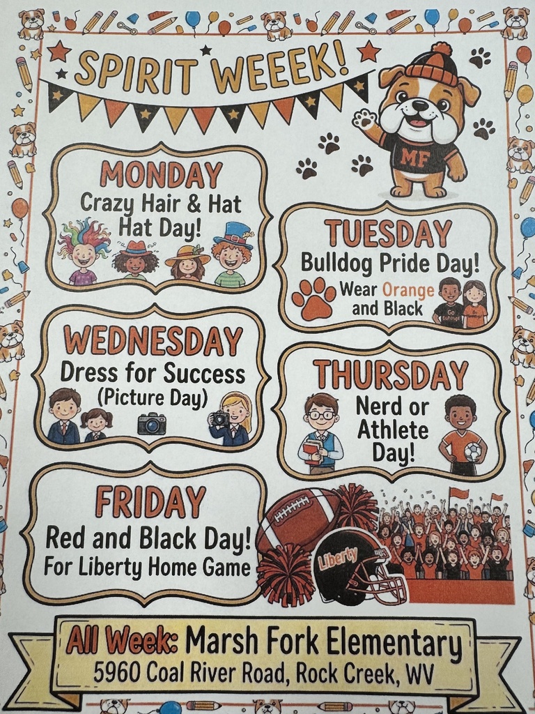 Poster shows days of Spirit Week, including Crazy Hair & Hat Day, Bulldog Pride Day, Dress for Success Day, Nerd or Athlete Day, and Red and Black Day.