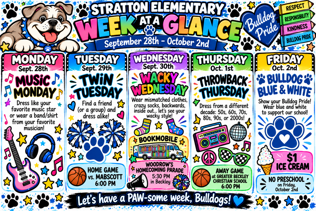 Graphic displaying a week's activities at Stratton Elementary. It includes music, twin, wacky, throwback, blue and white, and ice cream days.