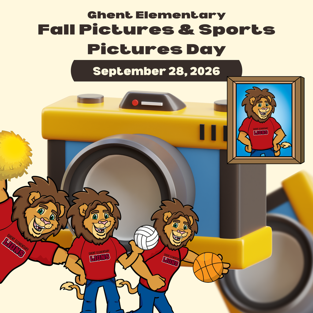 Cartoon lions in red shirts holding sports equipment next to a camera. Yellow background. Text reads "Ghent Elementary Fall Pictures & Sports Pictures Day September 28, 2026."