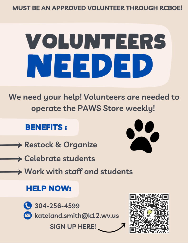 A poster for volunteer recruitment features text, a paw print, and a QR code for sign-up. Text reads "Volunteers Needed."
