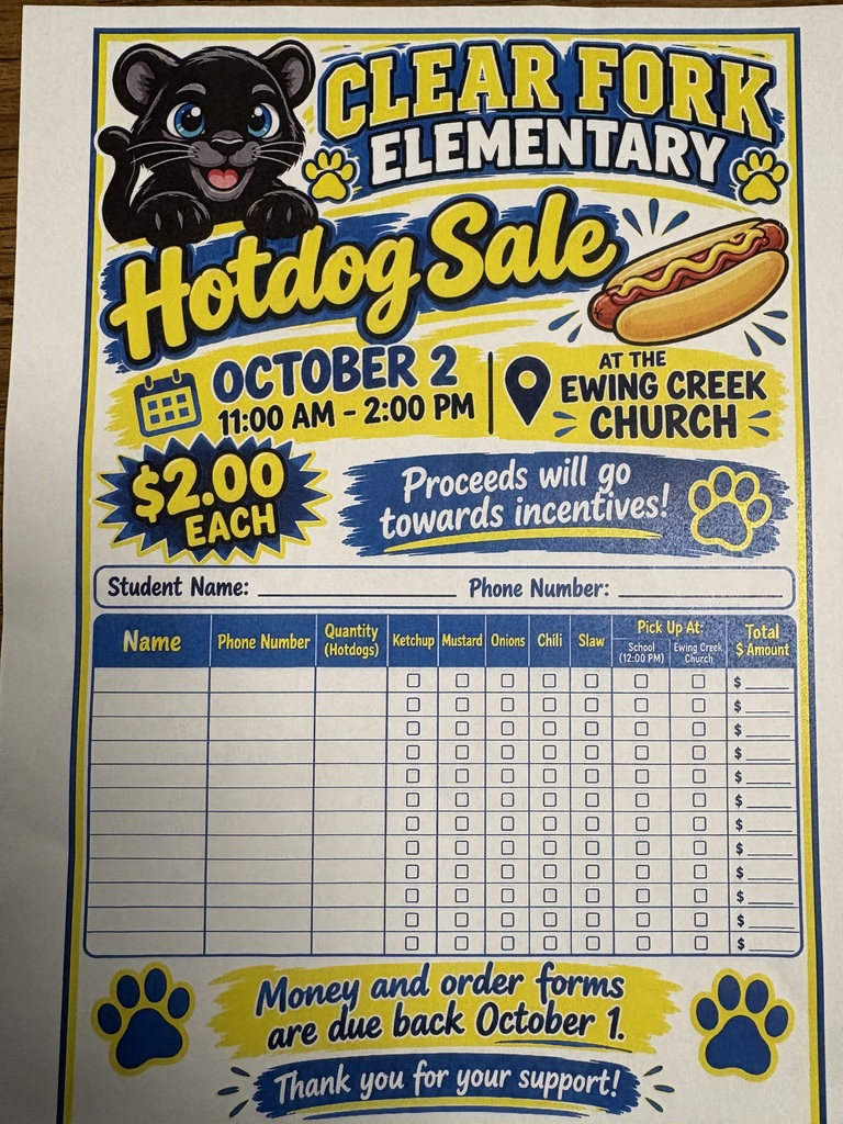 A poster for the Clear Fork Elementary Hotdog Sale on October 2. It has a black cat, a hotdog, and paw prints.