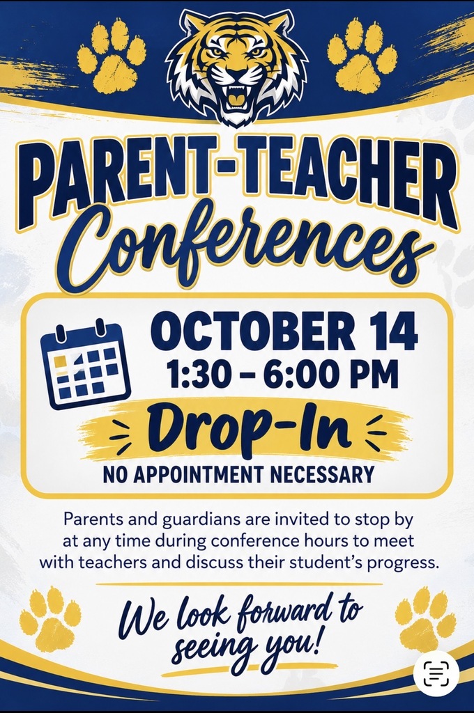 Poster for Parent-Teacher Conferences on October 14, 1:30 - 6:00 PM. Drop-in, no appointment needed. Invitation for parents to meet teachers to discuss students' progress.