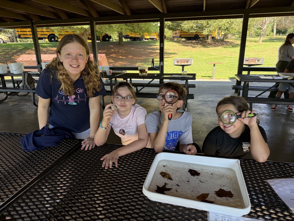 Four children seated at a table. A tray of soil and leaves sits on the table. They are looking through magnifying glasses. Picnic tables, benches, and a field are in the background.