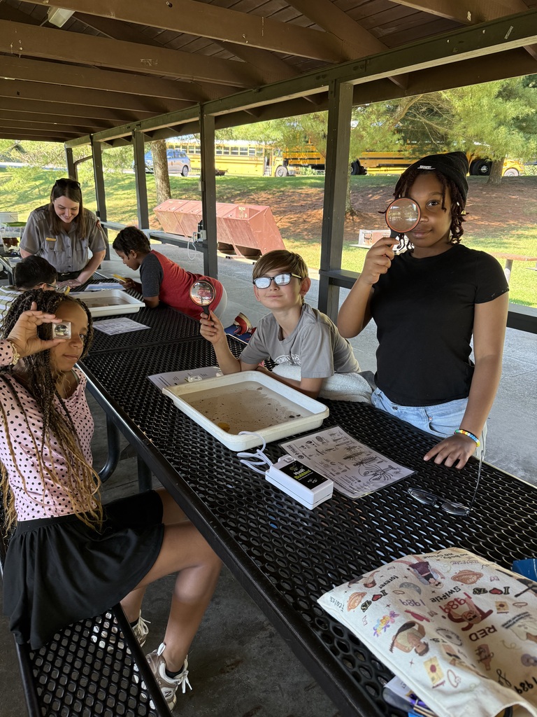 Four children sit around a table outside. They hold magnifying glasses and examine something on the table.