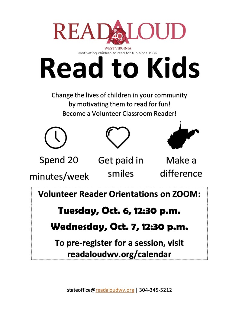 A flyer for Read to Kids, encouraging volunteers to motivate children to read, with details on sessions and registration.