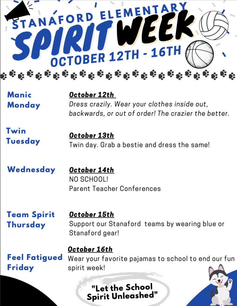 Spirit Week schedule at Stanford Elementary from October 12th-16th. Days include Manic Monday, Twin Tuesday, and Pajama Day.