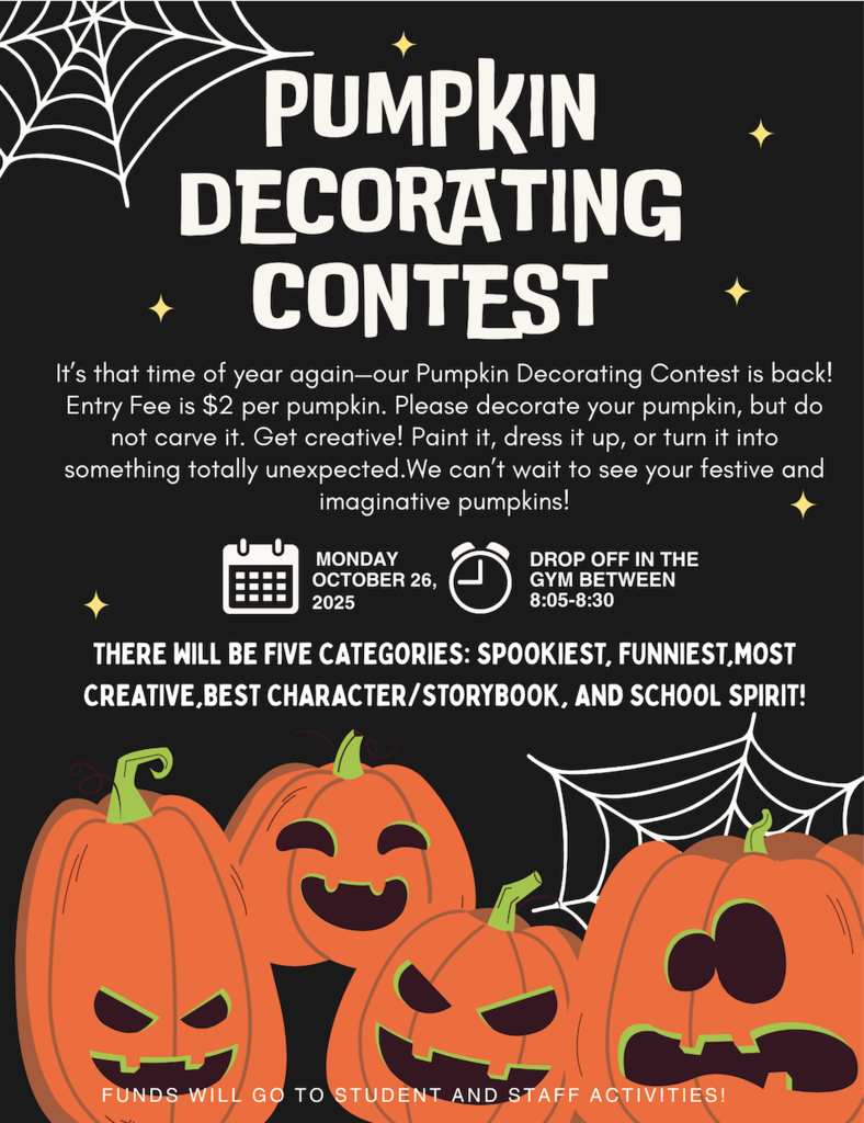 A poster shows a Halloween pumpkin decorating contest with various pumpkins. Details include the date, time, categories, and funds for activities.