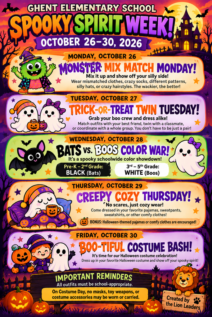 A colorful poster with a Halloween theme, featuring five days of activities from October 26-30, 2026.