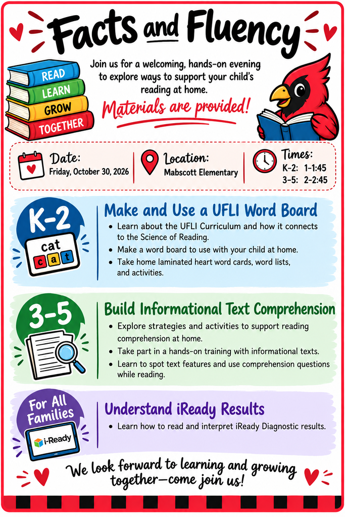 A flyer titled "Facts and Fluency" provides event details. It has sections for ages K-2, 3-5, and All Families. It mentions dates, times, and location.