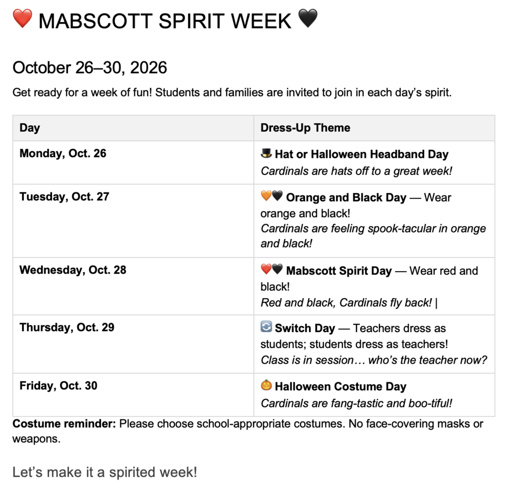 Weekly event calendar for "Mascott Spirit Week" October 26-30, 2026. Includes daily themes for students and families.