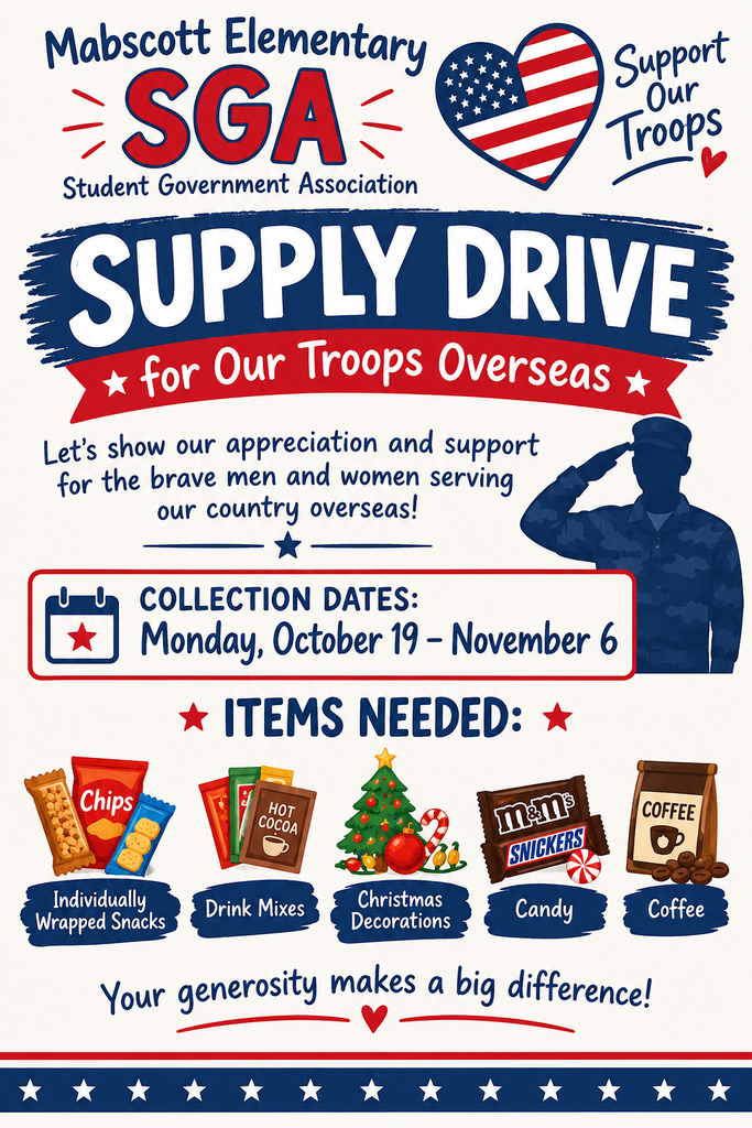 An advertisement for a school's SGA supply drive. It shows a soldier, collection dates, and items needed.