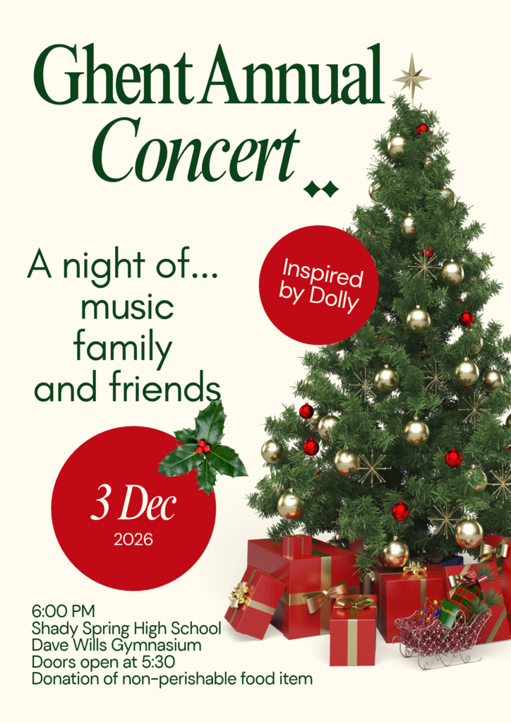 Poster for Ghent Annual Concert on 3 Dec 2026. Features a Christmas tree with red and gold ornaments, gifts under tree, text on poster.