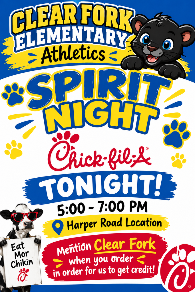 Bright advertisement for Spirit Night at Clear Fork Elementary. Text includes event name and time, location, and instructions for credit.