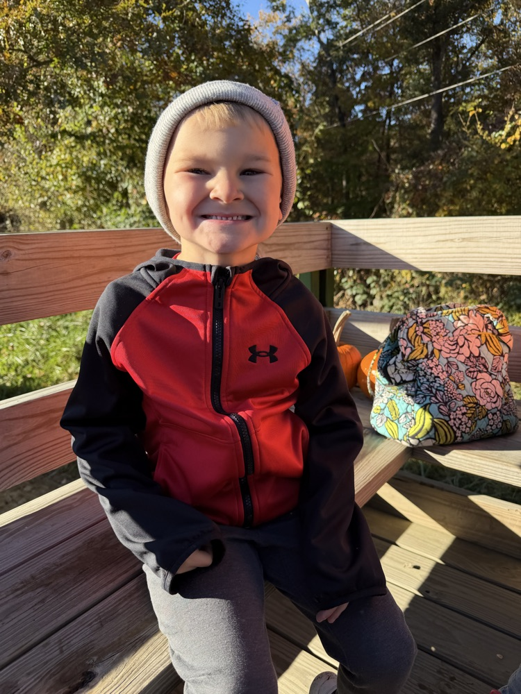 Child in red and black jacket and gray pants sits on wooden deck with pumpkins and bags.
