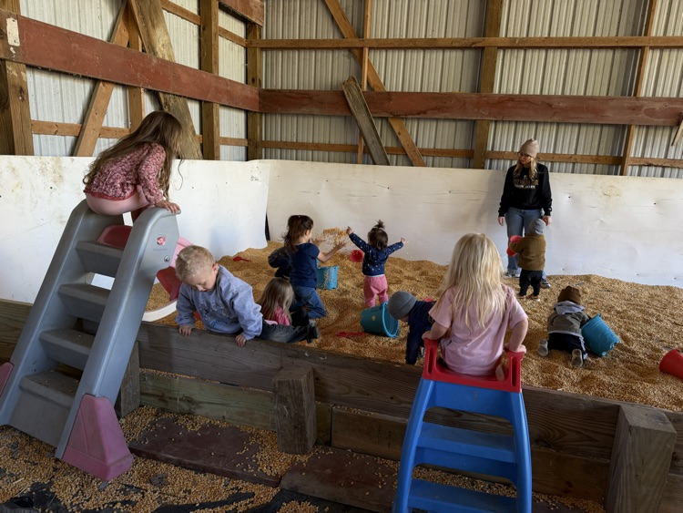 Kids play in a sandbox with a wooden barrier and two slides. An adult watches.