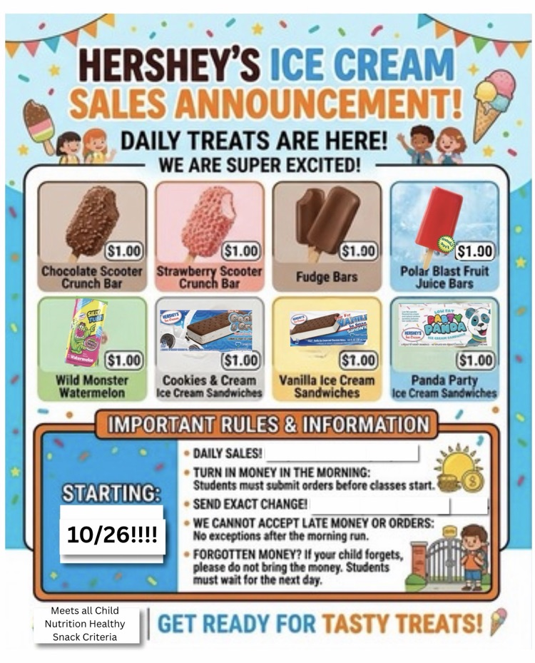 Colorful advertisement for ice cream sales. Displays different treats and prices. Rules and information for sales are also listed.