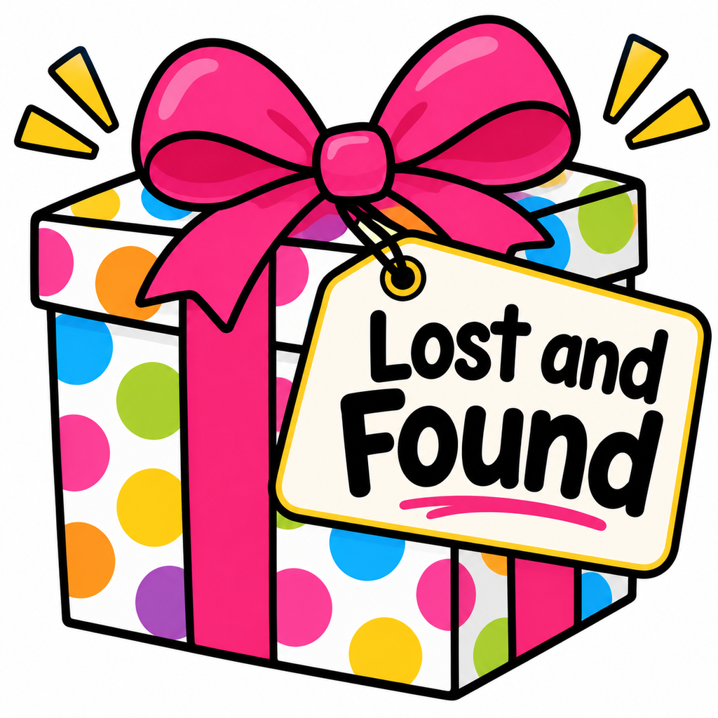 A colorful gift box with a pink ribbon. A tag reads "Lost and Found." Colorful dots cover the box.
