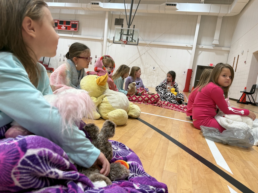 Several children sit in a gymnasium on blankets. One holds a stuffed animal. A basketball hoop is in the background.