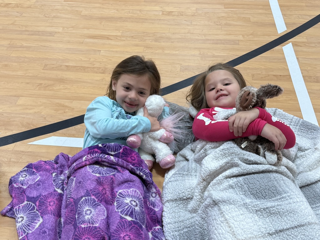 Two young girls sitting in a gymnasium with blankets and stuffed animals. One holds a pink stuffed toy.