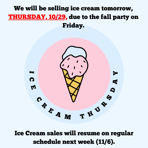 Pink circle with an ice cream cone graphic. Text reads, "Ice Cream Thursday." Pink background with white text.