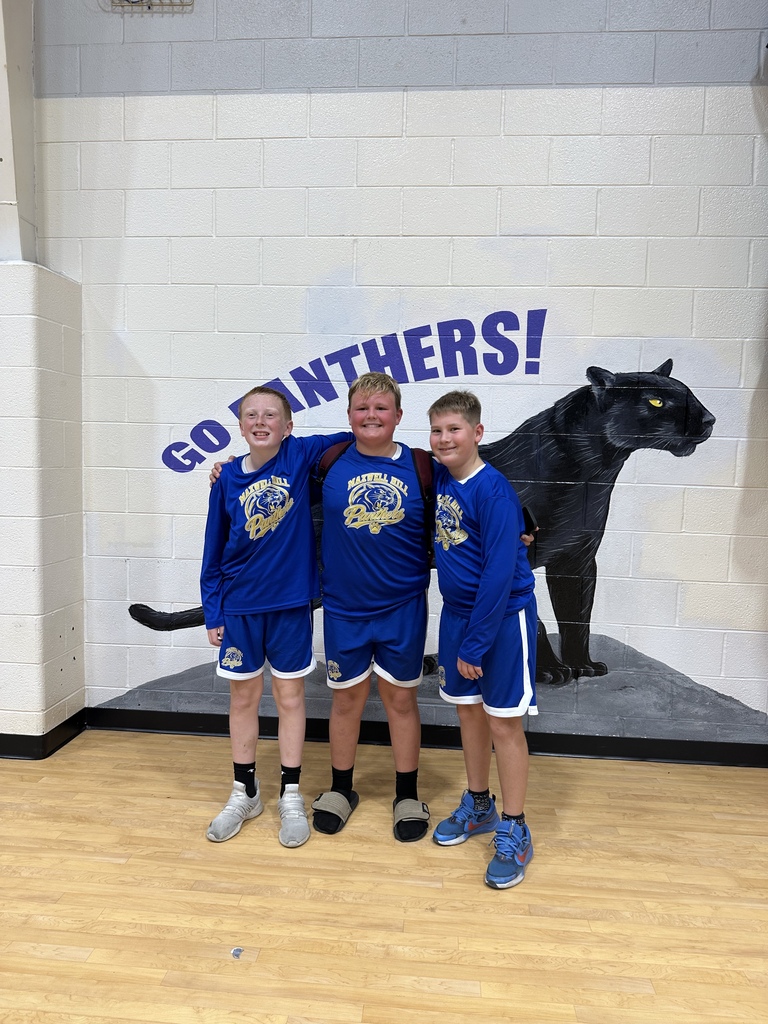 Three boys in blue jerseys standing in a gymnasium in front of a wall with a black panther graphic.