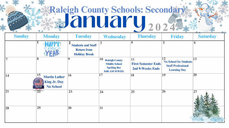 RCS Activity Calendars for January 2024 | Raleigh County School District