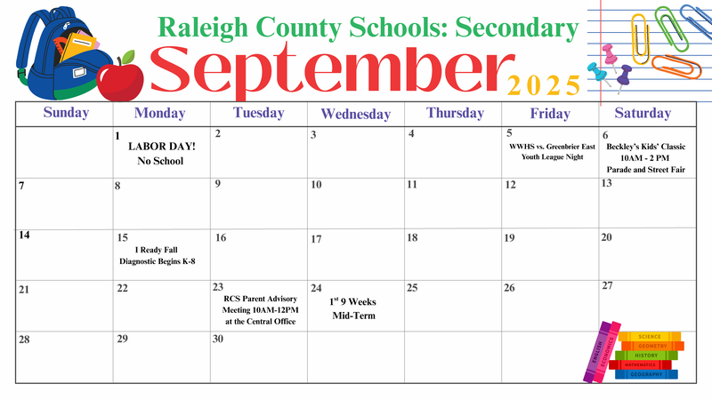 RCS Secondary Calendar for September 2025