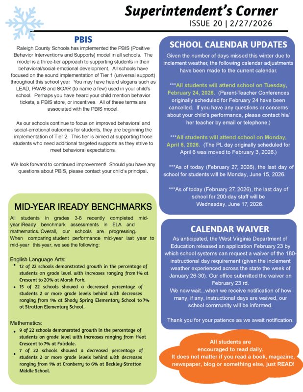 Superintendent's Corner, February 2026 Newsletter. View PDF version for reader friendly option.