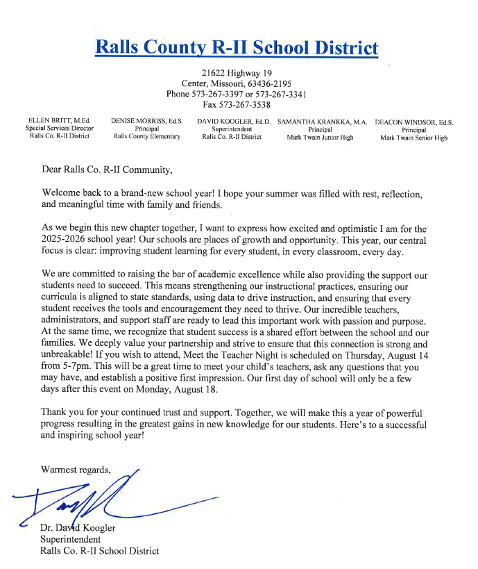 Welcome Back Letter 2025-2026